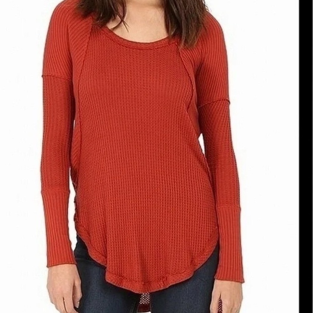 Free People Long Sleeve Waffle Knit Top in Rust Red